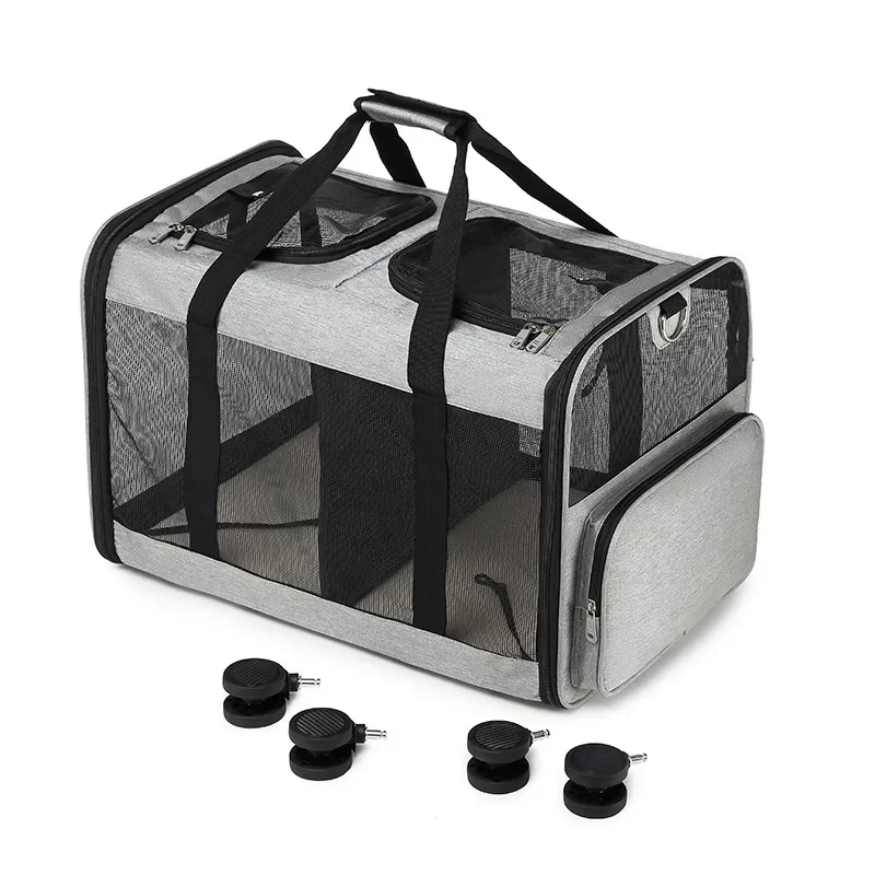 Portable Cat Bag with Detachable Wheels Mesh Window Double Compartment Trolley Bag Travel Rolling Carrier Dog Travel