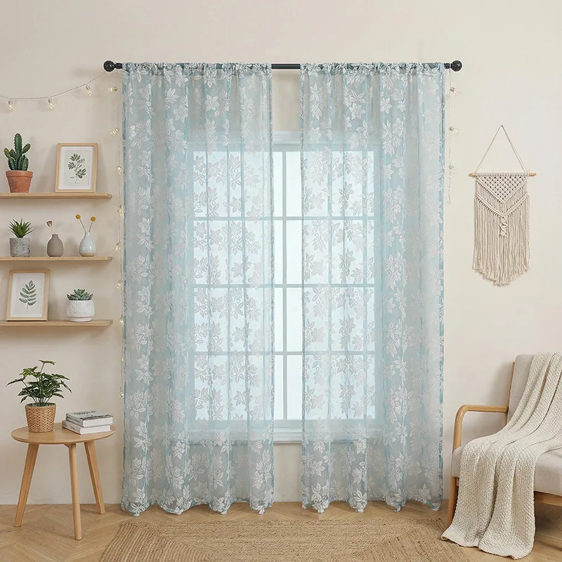 French Pastoral Floral Sheer Curtain, No-Drill Finished Tulle Drape for Bedroom Balcony, Fresh Home Decor Window Treatment