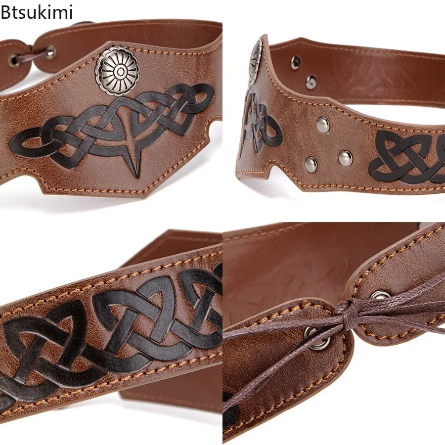 القرون الوسطى خمر تنقش الجلود خوذة قابل للتعديل بولي Leather الجلود الدائرة عقال الفايكنج فارس أغطية الرأس تأثيري حلي الدعائم