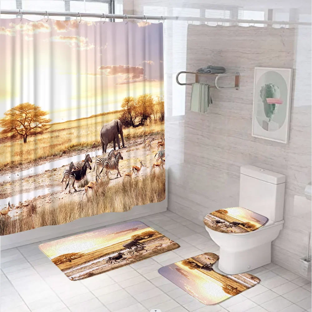 

Африканские животные сафари леопард дикая природа ткань занавеска для душа 4 шт. Луг Ковер Крышка для унитаза набор ковриков для ванной занавески для ванной комнаты