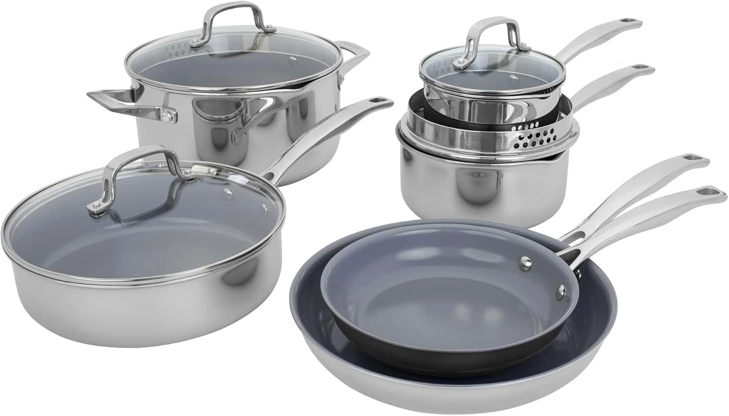 10-pc Induction Ceramic Nonstick Pot and Pan Set, Stainless Steel, Durable and Easy to clean