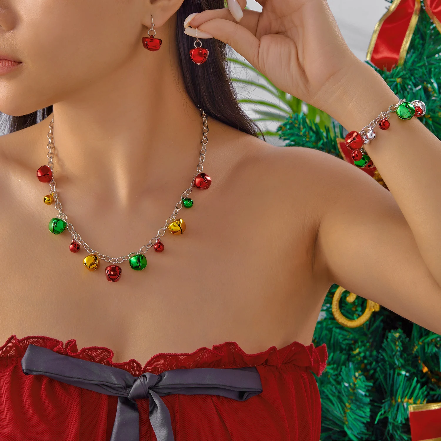 Kreative Weihnachten Rot Grün Glocken Schmuck-Set Für Frauen Mädchen Übertreiben Glocke Perlen Halskette Armband Ohrringe Festival Schmuck
