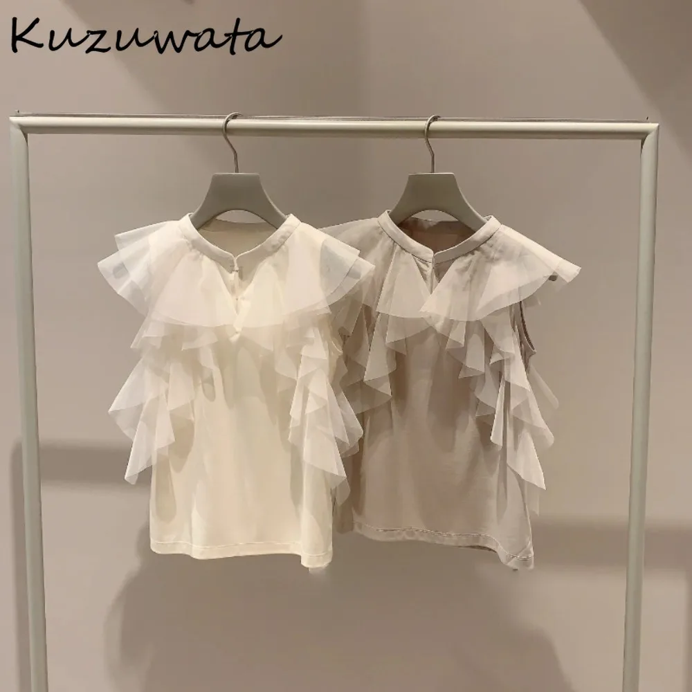 Kuzuwata Summer New Stand Collar Butterfly Sleeve Ropa Mujer All-match Sweet Elegant Ruffles Shirt Japan Fresh Voile Chiffon Top