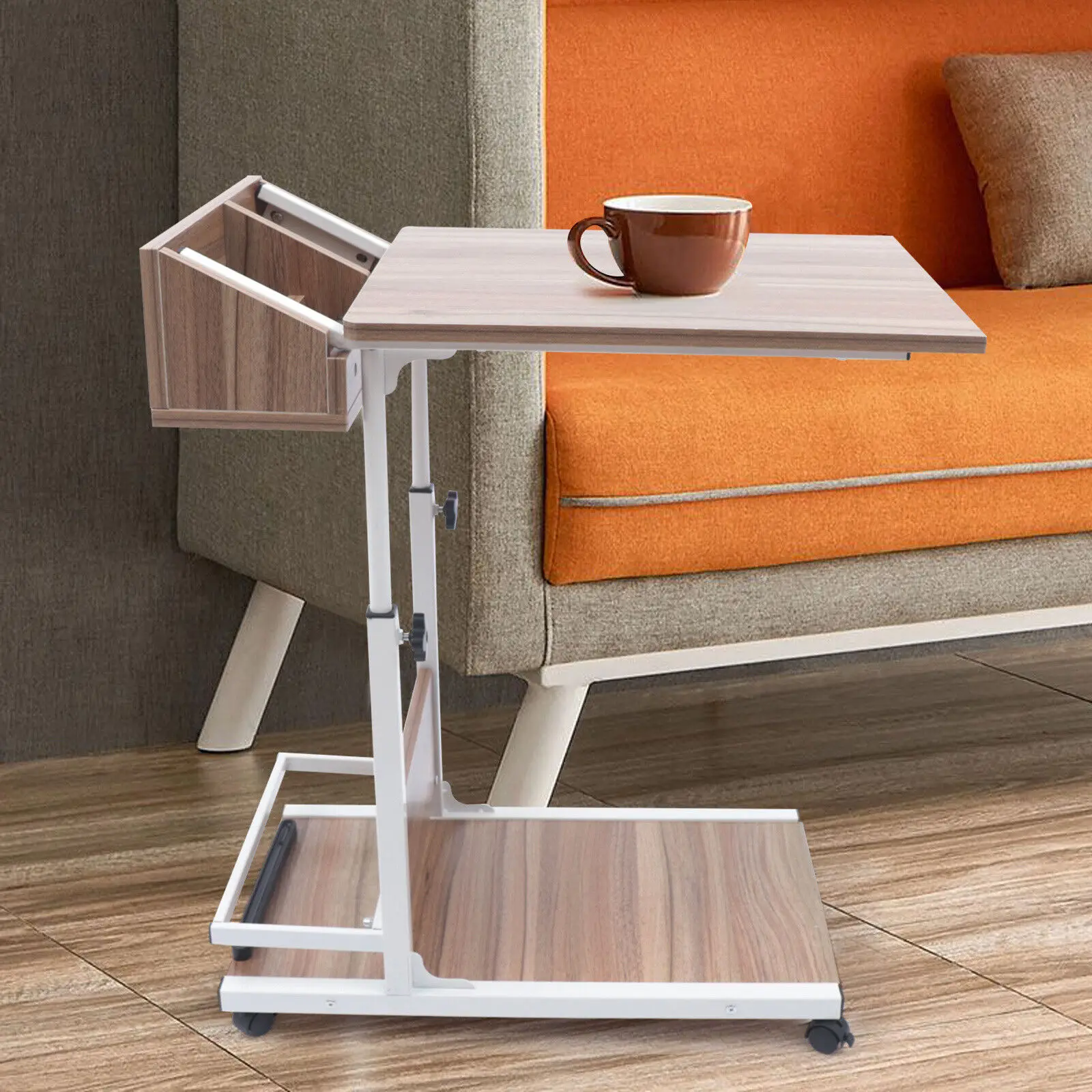 C Shaped End Table for Living Room Sofa Side Table Coffee Table Snack Table Tray with Storage and Casters Height Adjustable