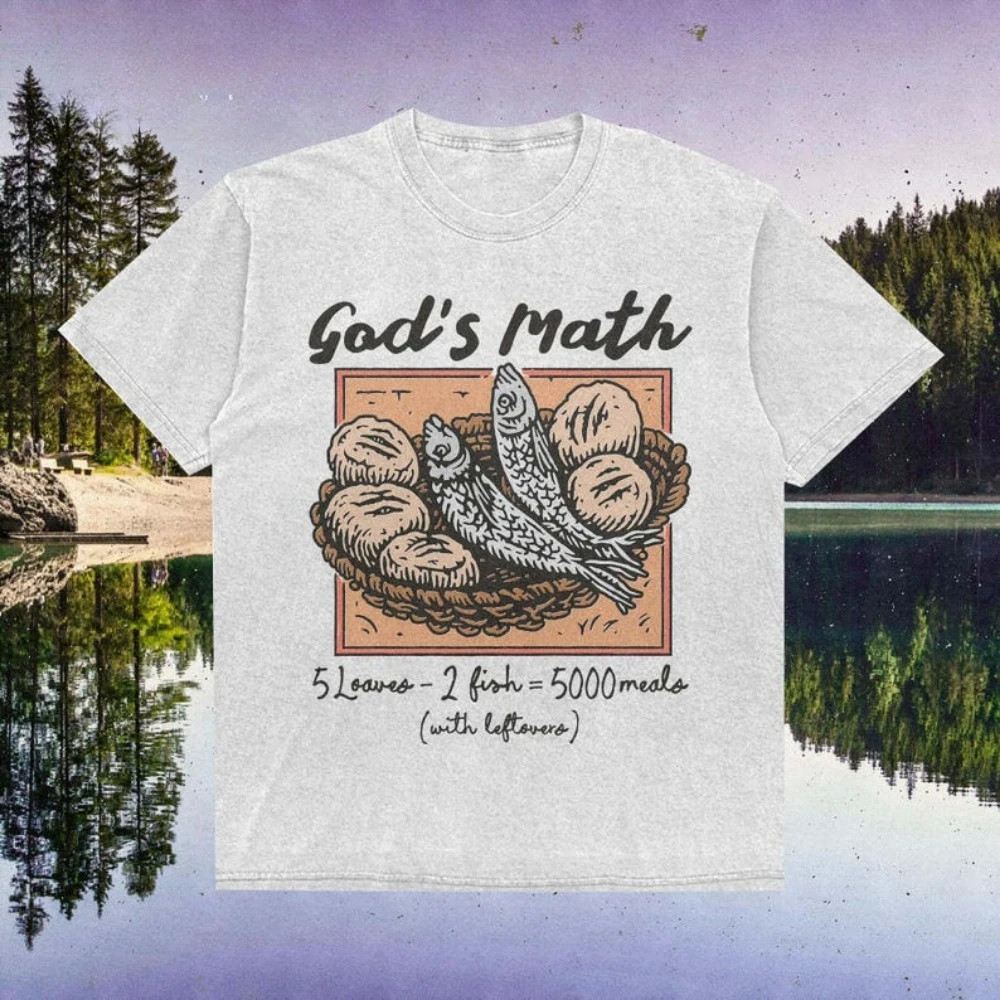 Funny Christian Shirt God's Math Tees Loaves and Fishes Tshirt Vitage Religious Tops Retro Faith Based Gift for Men Women