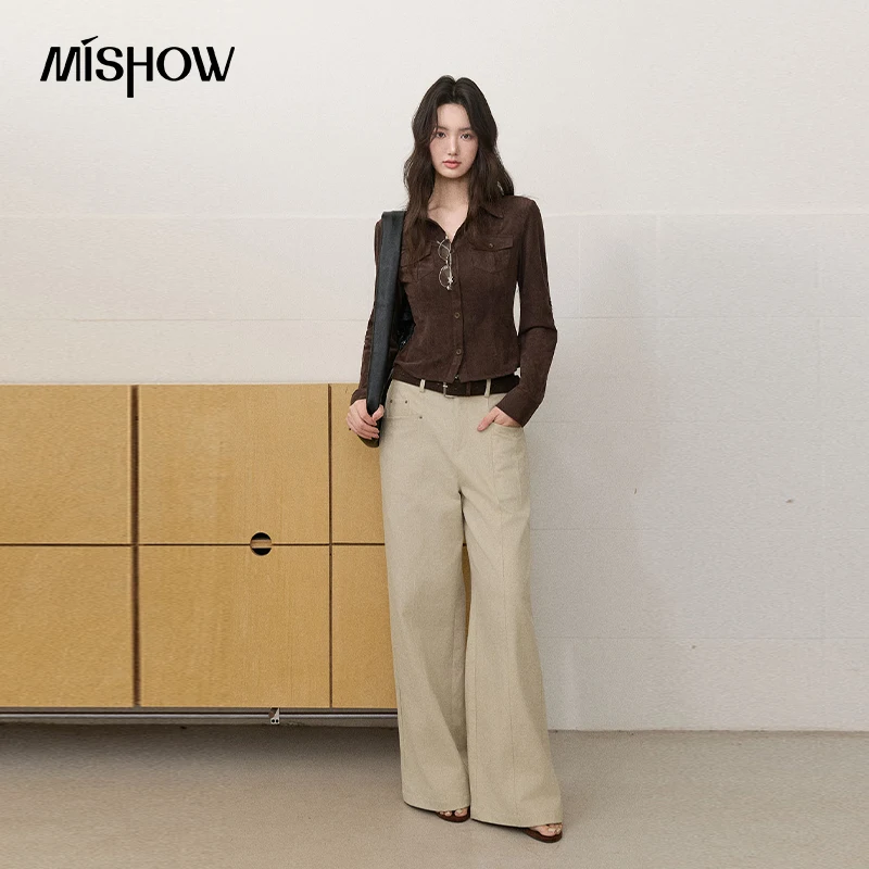 MISHOW Women's Vintage Brown Suede Texture Shirts 2026 Autumn Lapel Long‑Sleeve Waist Shirt Casual Fashion Ladies Top MXF43C2567
