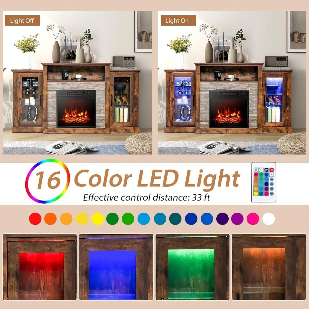 Fireplace TV Stand, 16-Color LED Lights & 3-Level Flames, Sufficient Storage with Adjustable Shelves, TV Cabinet