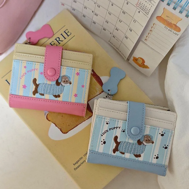 2 Colors Cartoon Dachshund Bifold Wallet, Color Block Snap Zipper Card Purse, Mini Leather Pouch For Girls Store Coins Bank Card