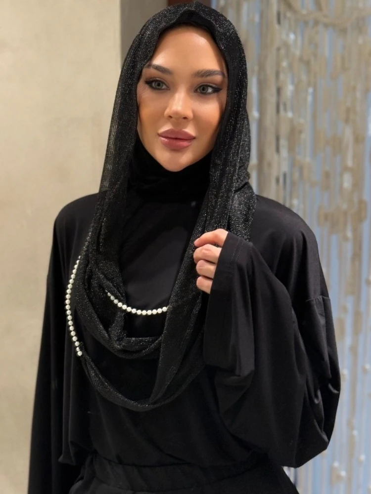 New Dubai Hood Hijab Pearl Lanyard Vintage Headscarf Silk Pendant Bright and Breathable Headscarf Muslim Fashion Turban Hijabs