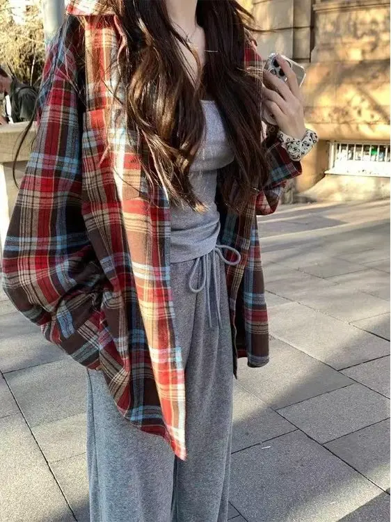 

Dopamine White Orange Plaid Women's Shirt Loose Long Sleeve Layering Style Slimming Lazy Fashion Outerwear Shirt