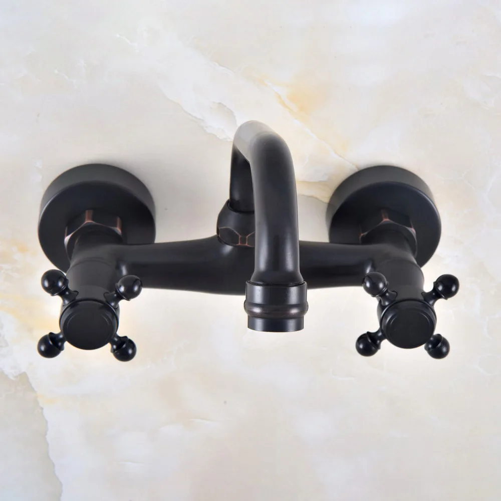 Black Oil Rubbed Brass Two Handles Wall Mounted Kitchen Bathroom Swivel Spout Faucet Mixer Tap anf811