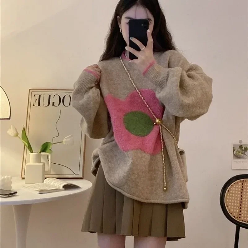 Kimotimo Flower Jacquard Knitted Sweaters Women Autumn Winter Contrast O-neck Loose Pullovers Korean Design Sweet Pull Top