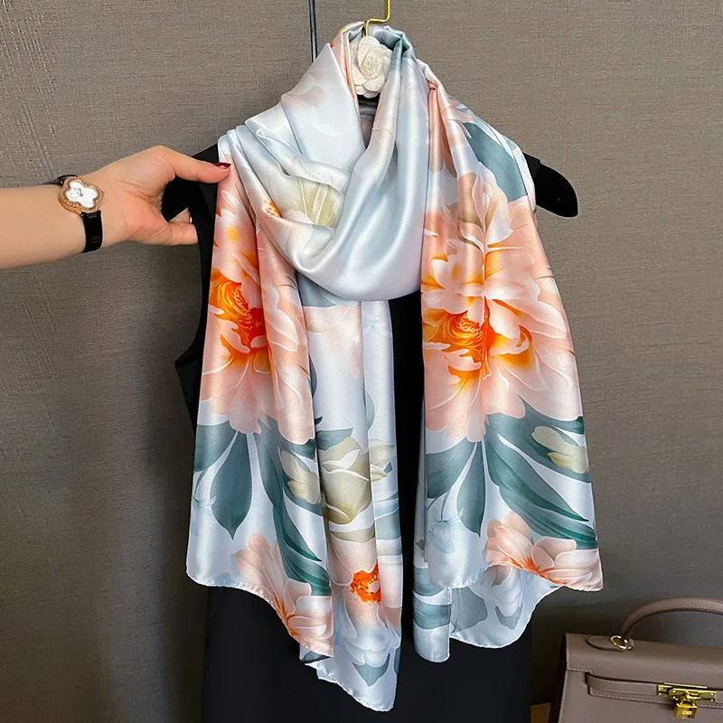 Luxury Brand Silk Scarf Women Fashion Print Large Shawl Wraps Satin Headband Hijab Turban Foulard Summer Beach Stoles Bandana