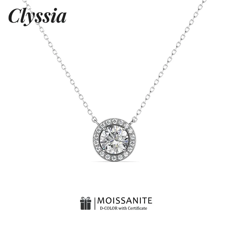 

CLYSSIA 1ct D VVS1 Moissanite Necklace for Women Sterling Silver 925 White Gold Plated Lab Diamond Pendant Necklaces with GRA