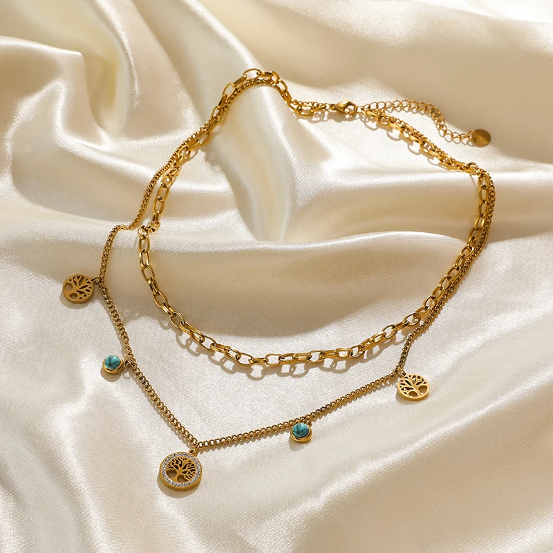 EILIECK 316L Edelstahl-Schmuck Mehrschichtige Halsketten mit grünem Steinanhänger für Damen Vintage Choker Halsketten-Accessoires – Detail 17