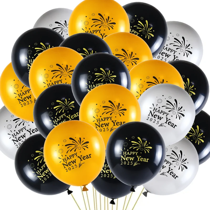 10pcs 12inch Happy New Year Balloon Black Gold Fireworks New Year Latex Balloon For 2025 New Year Eve Party Christmas Decoration