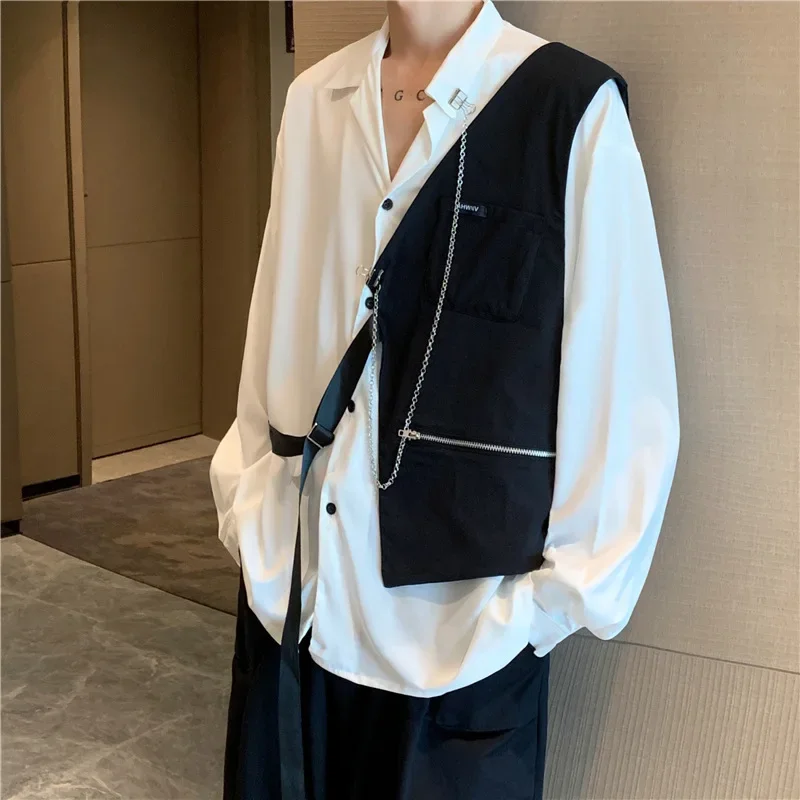 E-BAIHUI Shirts for Men Loose Korean High Street Casual Shirt Men Chain Vest Splicing Against Color Long Sleeve Men Clothing Top