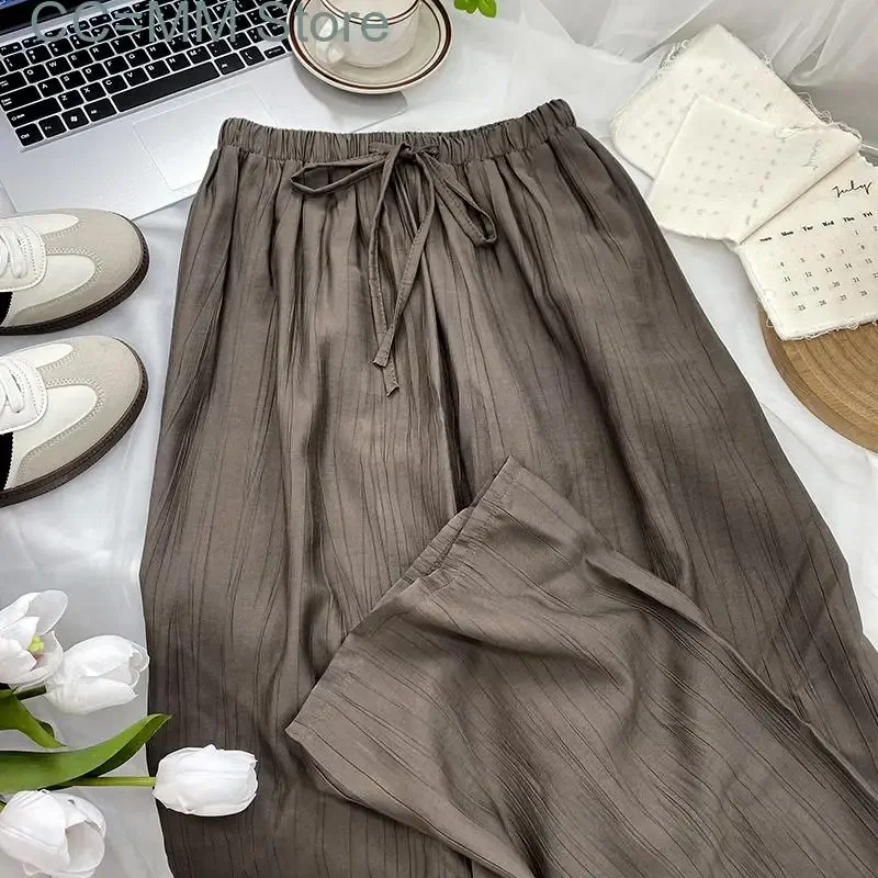 New High Waisted Pants for Women Solid Korean Fashion Drawstring Wide Leg Pants Ladies Casual Full Length Pants