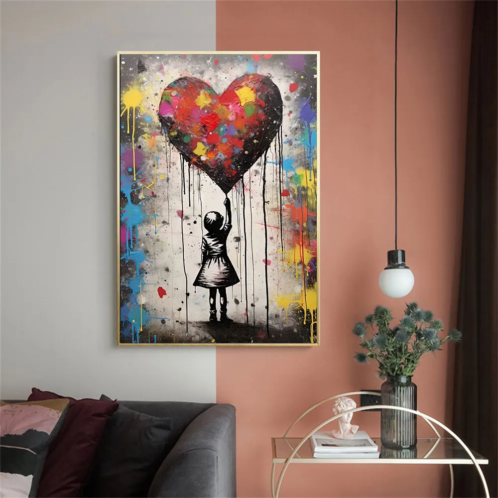 Modern Street Art Balloon Girl Canvas Print Graffiti Style Red Heart Balloon Wall Art Urban Abstract Home Decor Poster