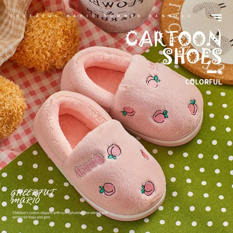 Children's Home Slippers Winter Boys Girls Cute Fruit Pattern Flip Flops Indoor Non-slip Wooden Floor Furry Warm Cotton Shoes