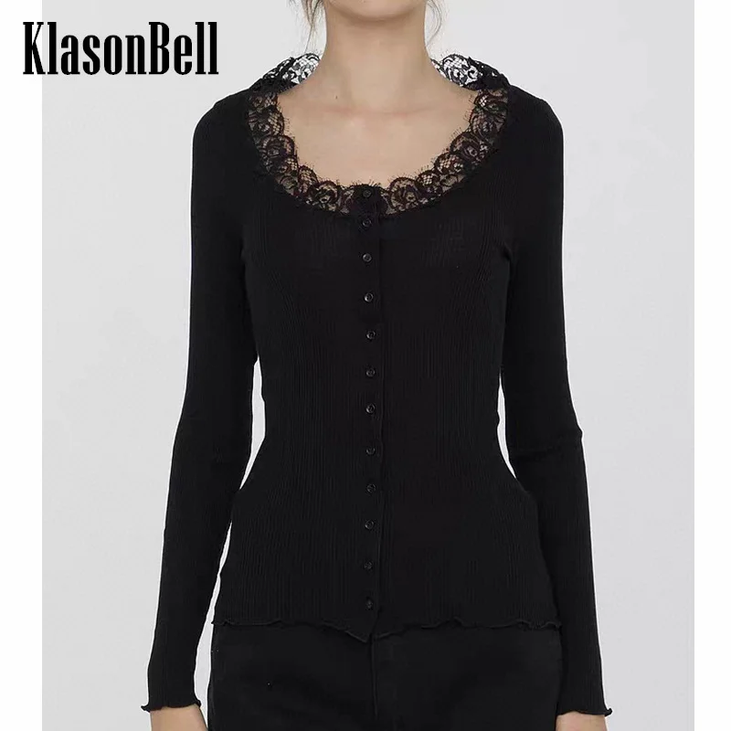 

10.22 KlasonBell Women Clothes Fashion Elegant Lace Spliced Round-Neck Single Breasted Slim Black Knitted Cardigan