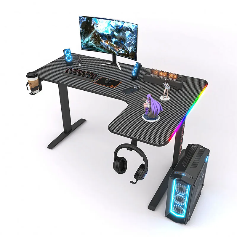 Factory Wholesale 140cm/160cm RGB Black Corner Desk with Headphone Hooks Home Office L Shaped Gaming Desk with LED Lights