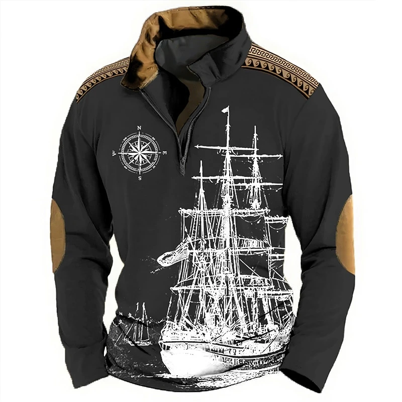 Autumn and Winter Men's Half Zipper Long Sleeve Sportswear Retro Fashion Sailing Adventure 3D Printed Half High Collar Men's Top