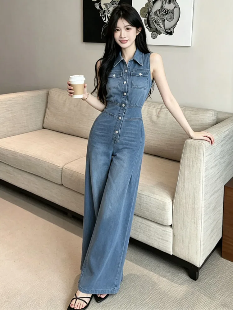 

High Waist Wide Leg Suit Chic Hong Kong Style Retro Collar Sleeveless Waist Cinched Dressy Casual Ladylike Outfit