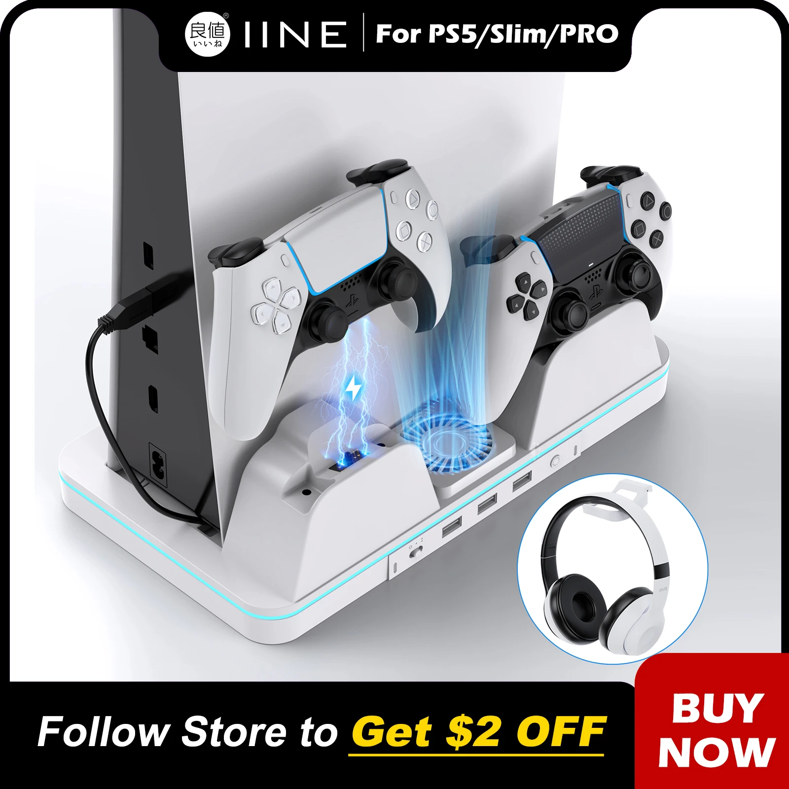 IINE Multifunctional Station For PS5/Slim/Pro  / Effective Heat Dissipation & 2H Fast Charging & 3 x USB Hubs