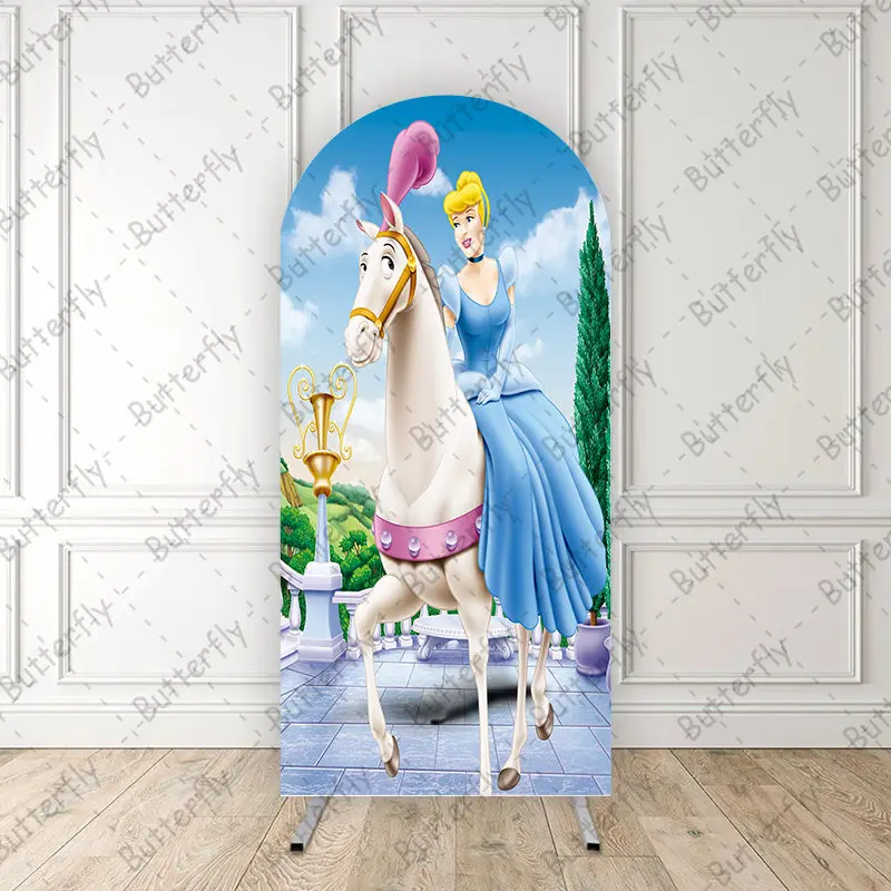 

White Horse Cinderella Princess Blue Dress Cartoon Disney Arch Photo Backdrop Cover Girls Birthday Party Background Decoration