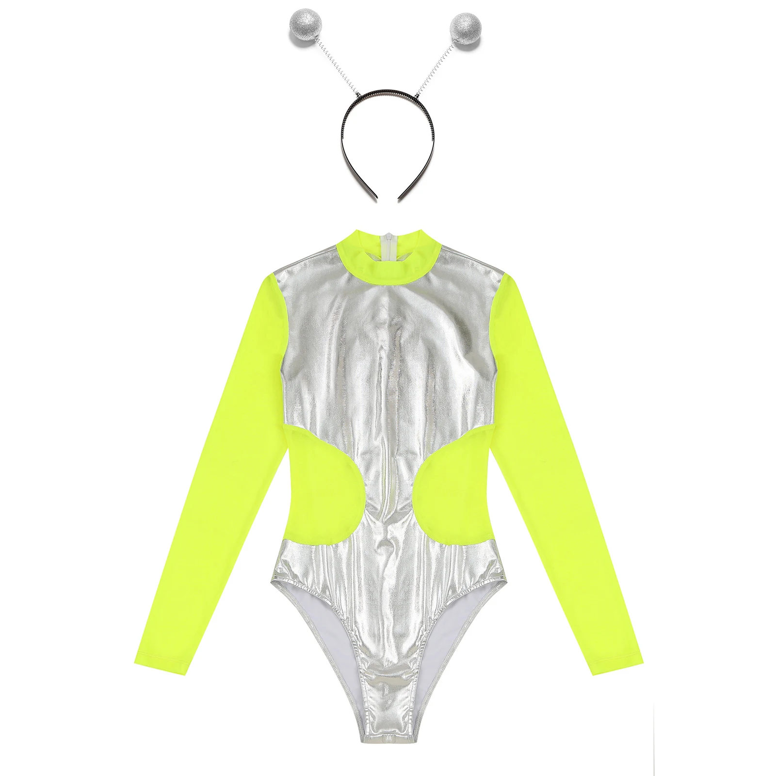 Damen fluor zieren den Patchwork Langarm Trikot Bodysuit metallisch glänzenden Overall mit Alien Hair Hoop Astronaut Cosplay Kostüm