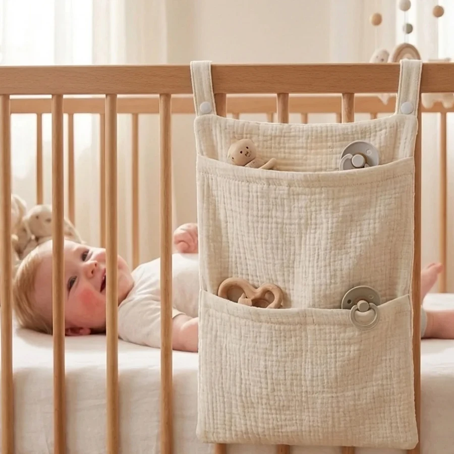 Baby Bed Head Hanging Bag Double Layer Crinkled Fabric Baby Toy Diaper Storage Bag Multifunctional Child Storage Bag