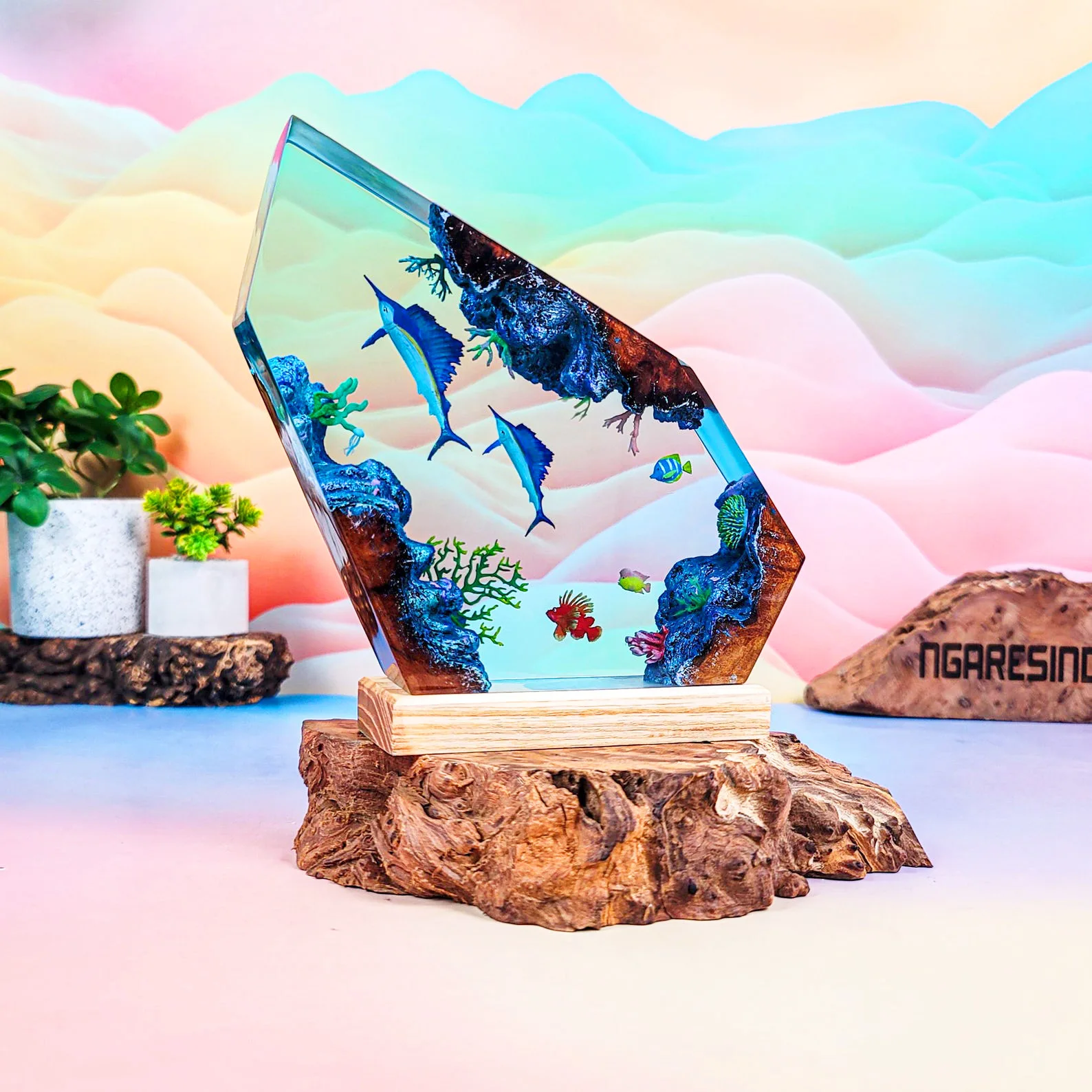 

Personalized 3D marine theme resin lamp wooden ornaments and colorful light home office decoration products