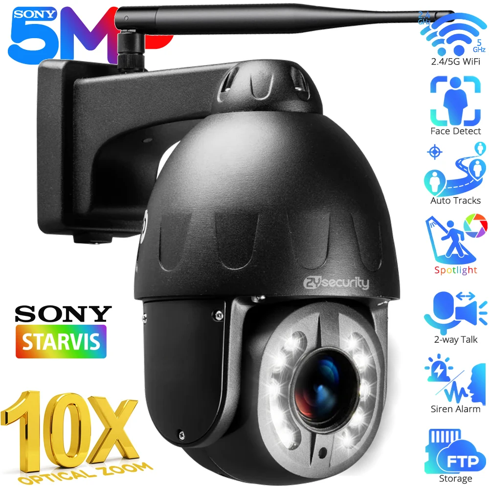 

5MP WiFi PTZ Camera 5X 10X Optical Zoom Outdoor Sony335 Auto Tracks Speed Dome IP Camera Human Detect Color Night CCTV Cameras