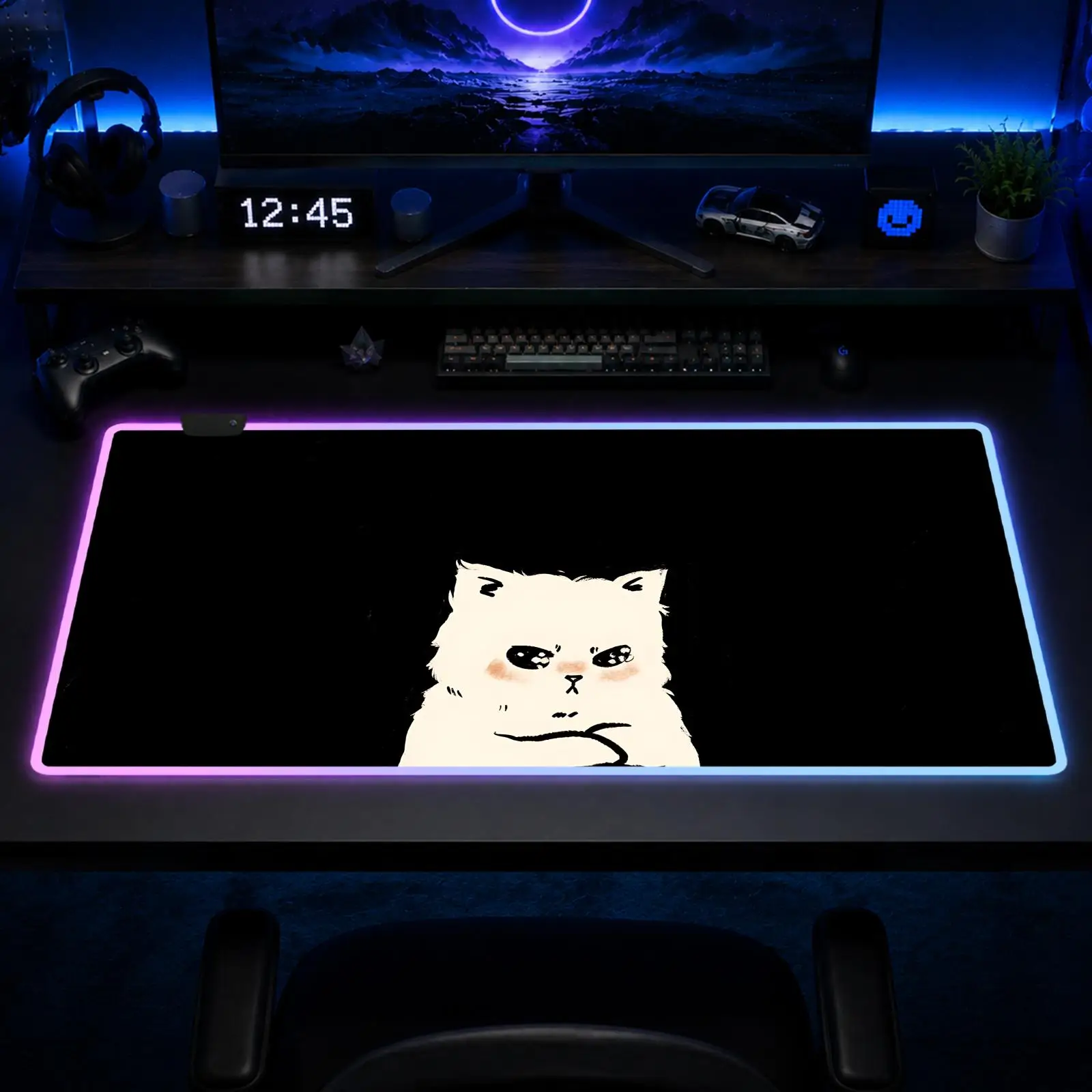 Cute Black Cat Mouse Pad Gaming Anime Mouse Pad XXL RGB Desk Mats LED Table Pads Backlit Rubber Desktop