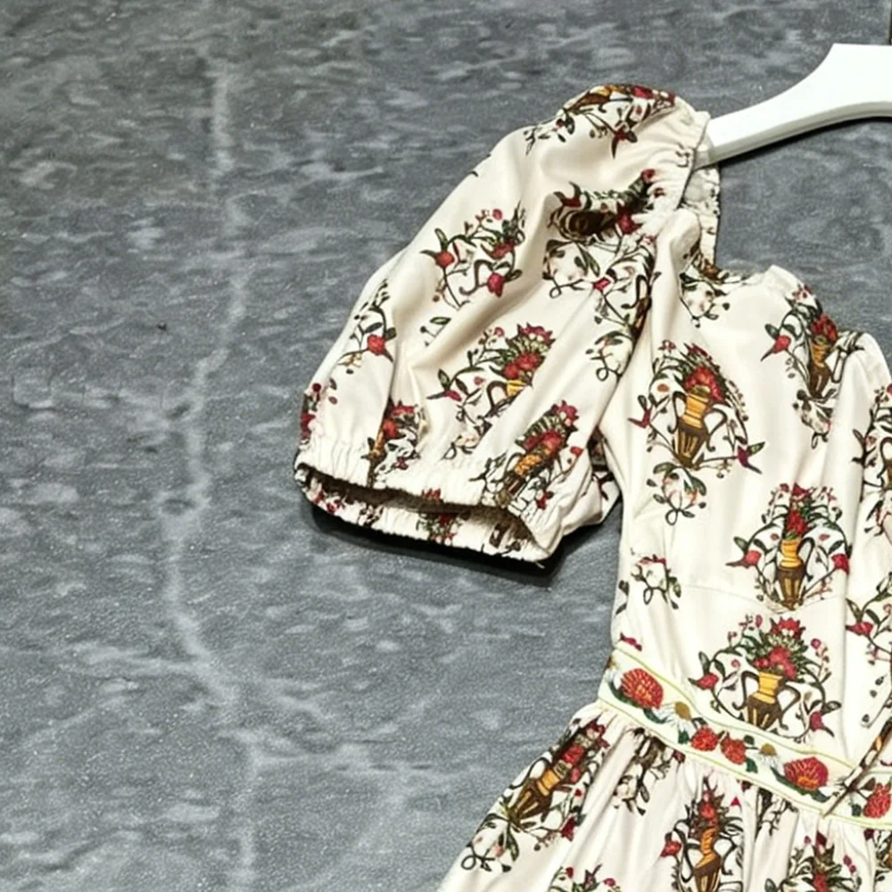 TWOTWINSTYLE Vintage Casual Floral Print Puff Sleeve Mini Dress for Women Waist Cinched Design A Line Skirt for Afternoon Tea