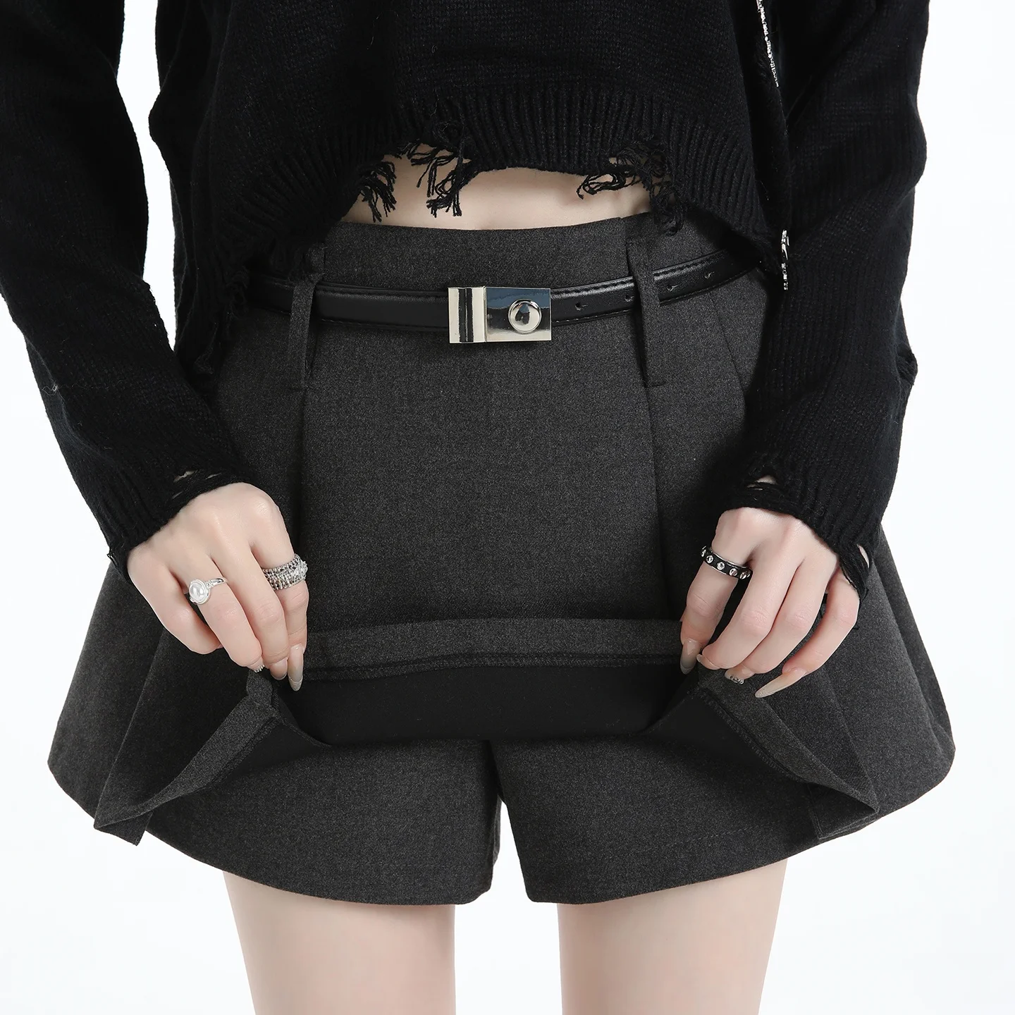 하이웨이스트 통근용 울 플리츠 스커트 또는 팬츠 스커트 팬츠 다용도 한국 스타일 데일리 웨어 스탠드 핏 A라인