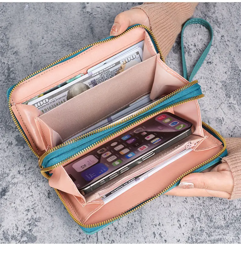 Neue Doppel-reißverschluss Große Kapazität Lange Brieftasche für Frauen Mode Multi-schicht Telefon Münze Karte Geldbörse Floral Geprägte PU leder – Detail 6