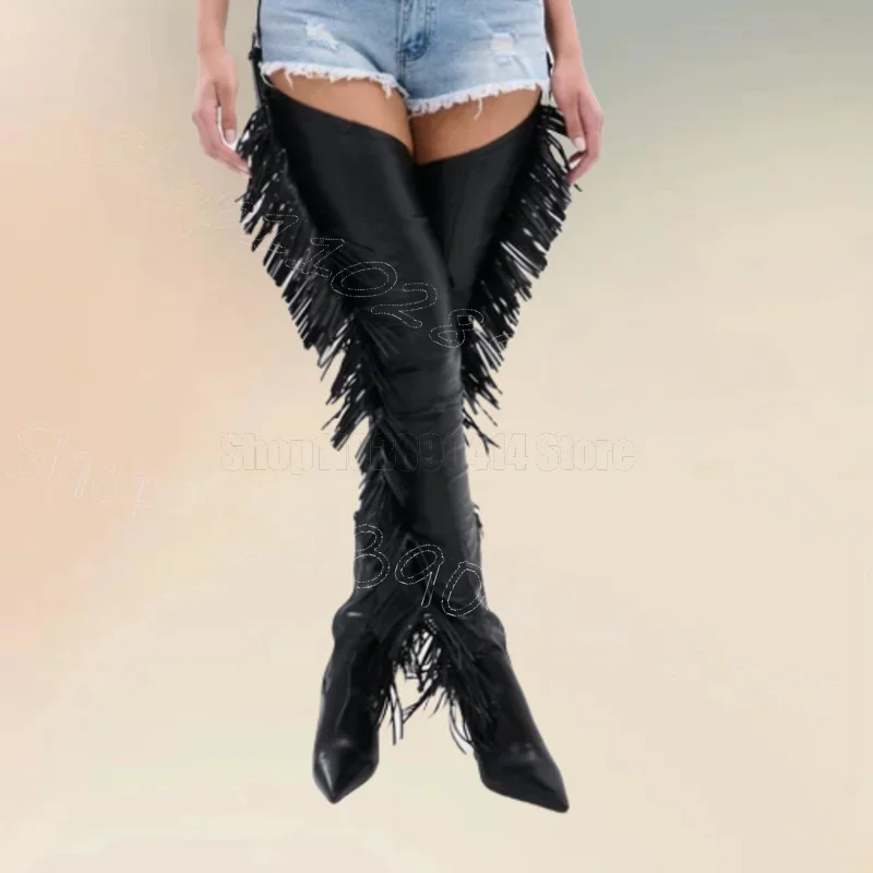 

Black Tassels Belt Fastener Pointed Toe Pant Boots Belt Strap Women Shoes Thin High Heels Party Dating 2025 Zapatos Para Mujere