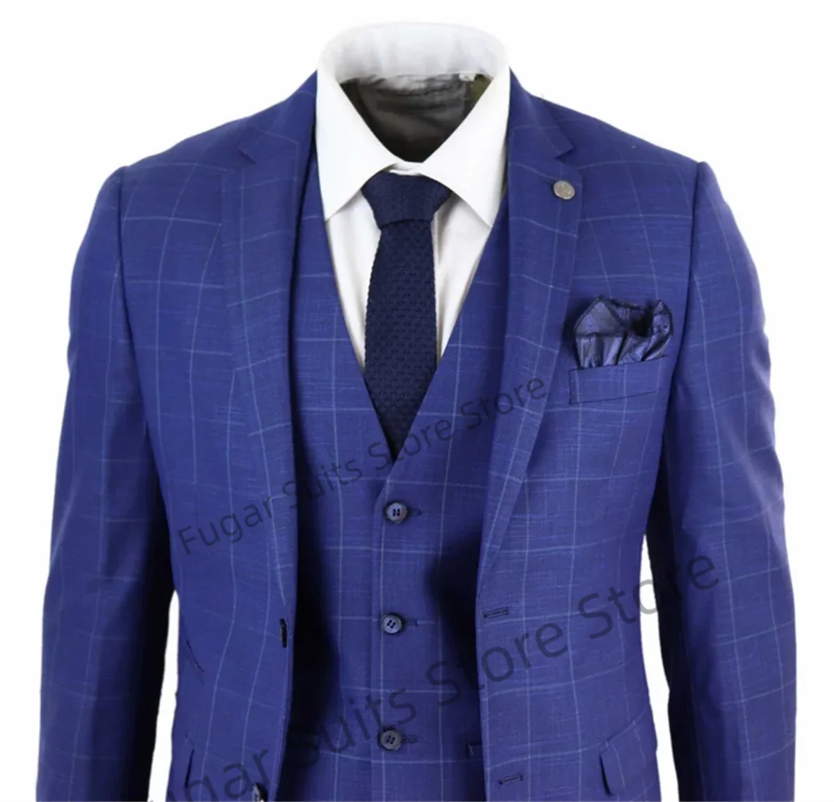 

Luxuly Plaid Royal Blue Wedding Suits For Men Slim Fit Notched Lapel Groom Formal Tuxedos Prom 3 Pcs Business(Blazer+Vest+Pants)