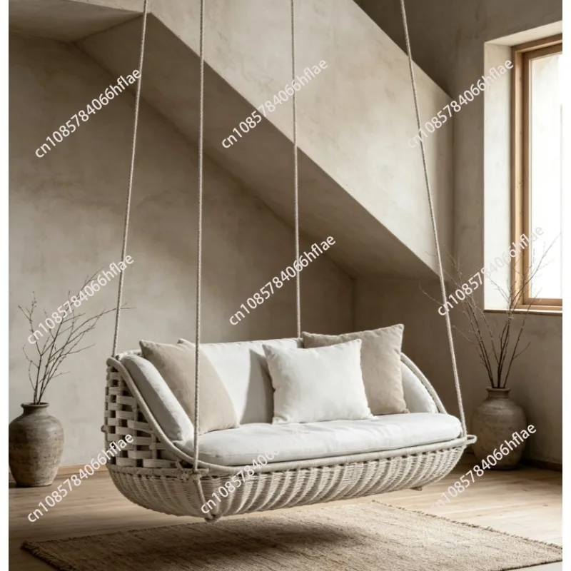 Pastoral Rattan Swing Hanging Chair, Double Balcony Hammock Basket Rocking Chair for Outdoor Leisure
