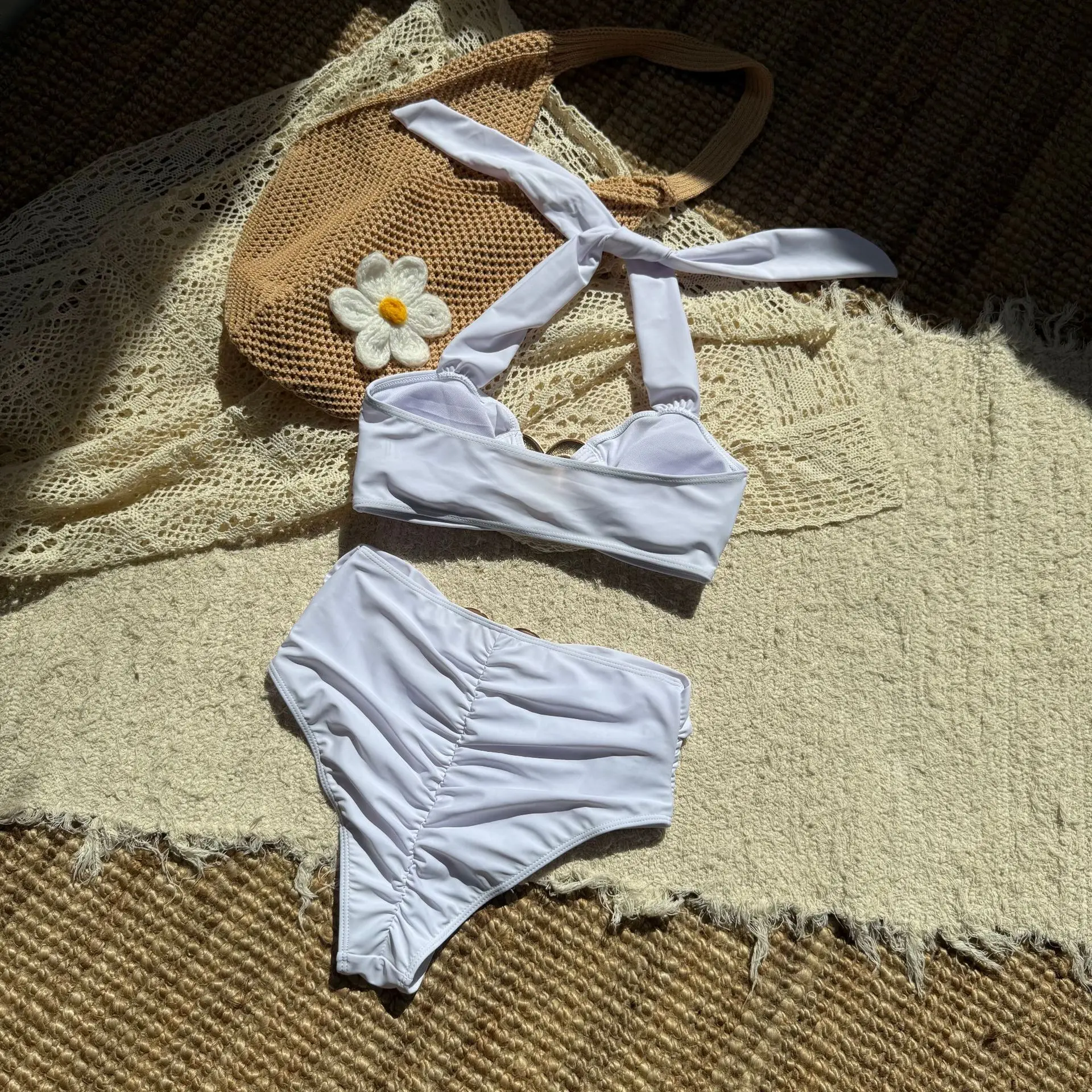 Sexy halter tie metal coração anel biquínis define duas peças de cintura alta maiôs beachwear maiô biquini tankini