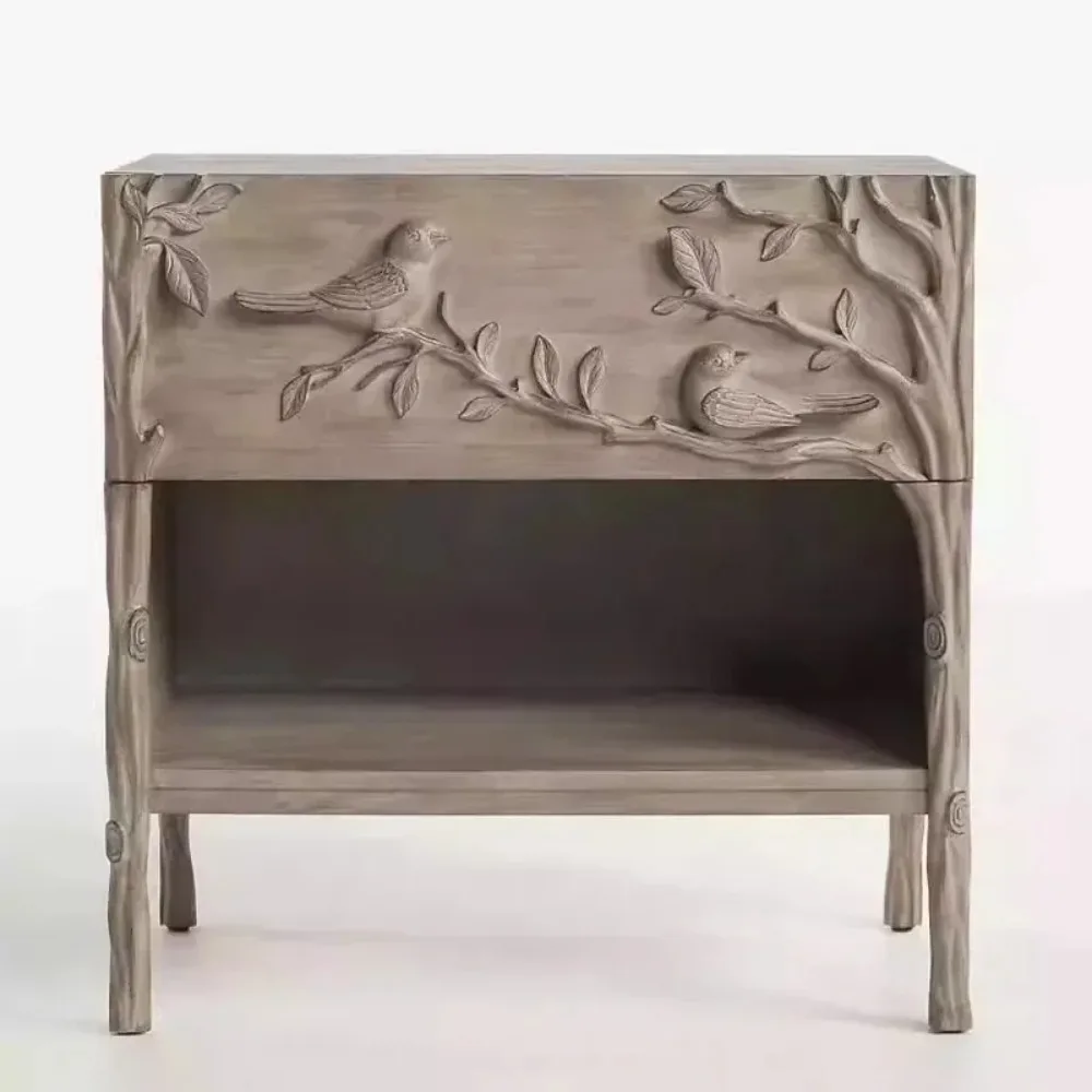 French retro wind solid wood carving flower bedside table American surprise quiet wind log design sofa side several Mori bedside