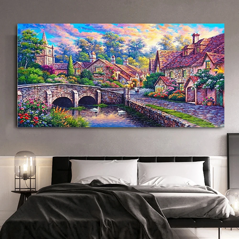 5D DIY Full Drill Diamond Embroidery Small Town Scenery Cross Stitch Landscape Diamond Painting Kit Diamond Mosaic Home Decor