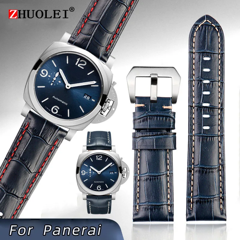 For Panerai1085/1313/111 Leather Watch Strap 22mm 24mm blue man Crocodile grain Watch Band Grind arenaceous cowhide Accessories