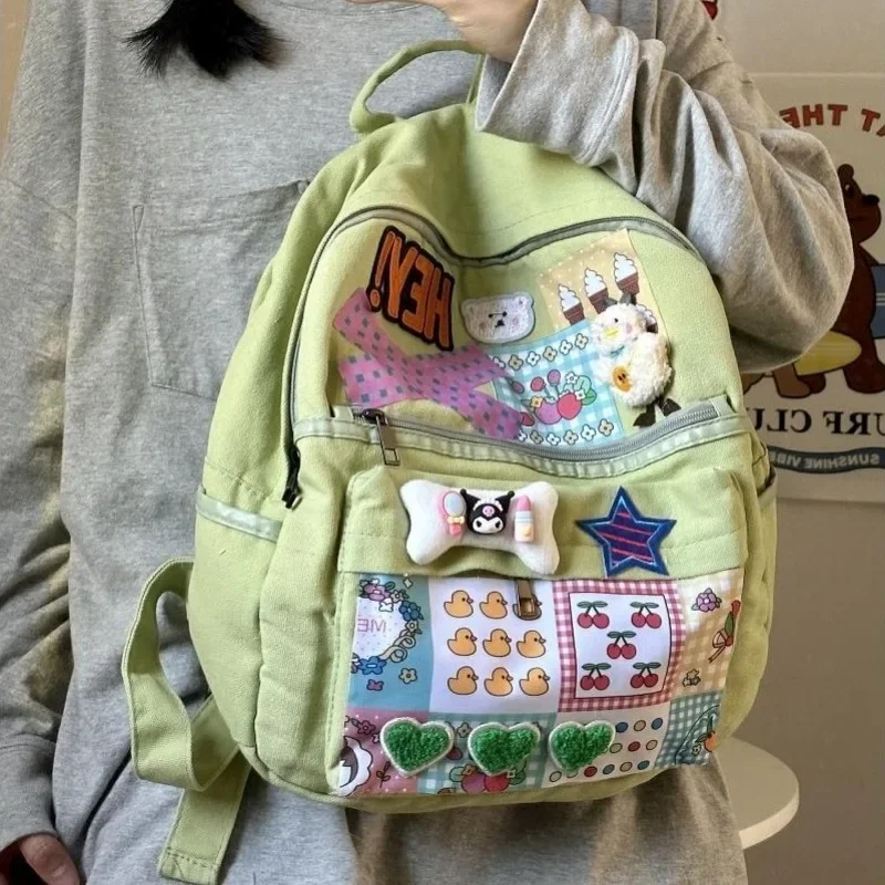 

MBTI Y2k Kuromi Womens Backpack Canvas Patchwork Vintage Fashion University Backpack Large Capacity Casual Harajuku Students Bag