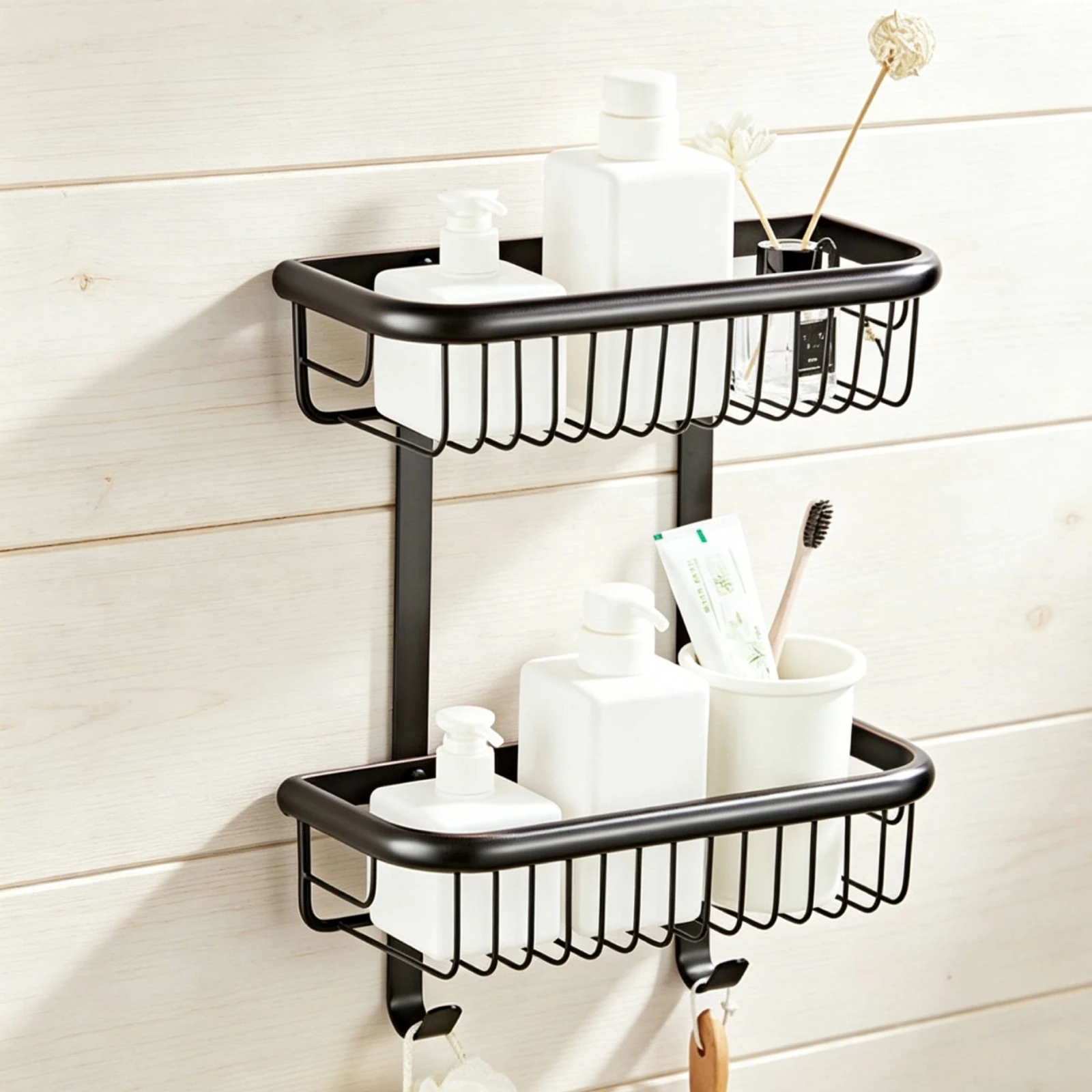 Bathroom Storage Rack with Two Baskets Antique Bronze Double-Layer Bathroom Rack Two-Tier Shower Basket Brushed Wall Organizer