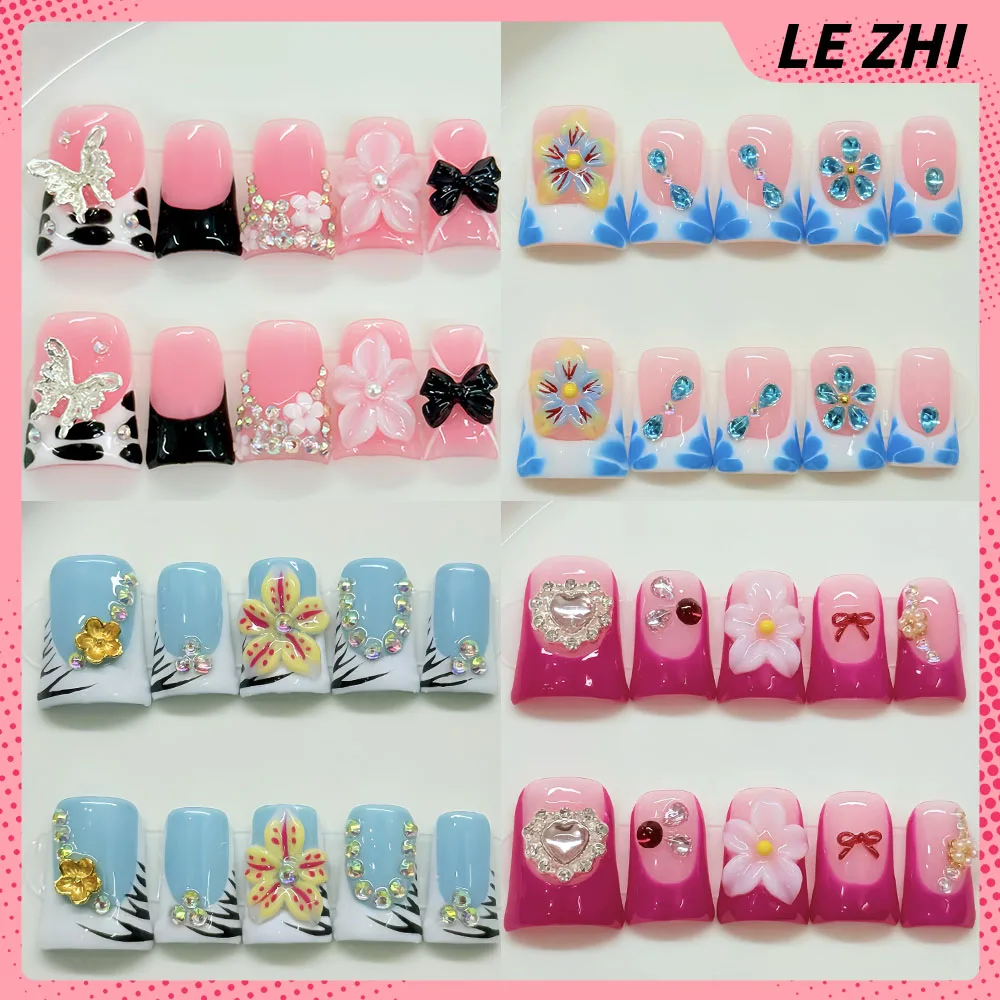 10Pcs Short Duck Bill Press On Nails 3D Butterfly Flower False Nails Pink French Tip Nail Art Pearl Heart Rhinestone Fake Nails