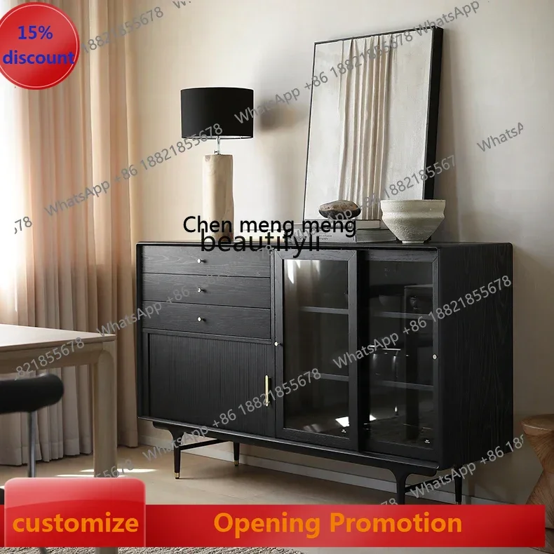 

ss7304 Nordic Solid Wood Sideboard Multi-Function Locker Middle-Ancient Industrial Wind Glass Tea Cabinet