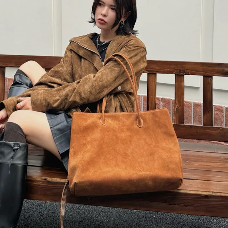 Women Tote Bag Luxury Suede Leather Winter Bags Frosted Cow Skin Retro Shoulder Bag Lady Handbag and Purses Oversize